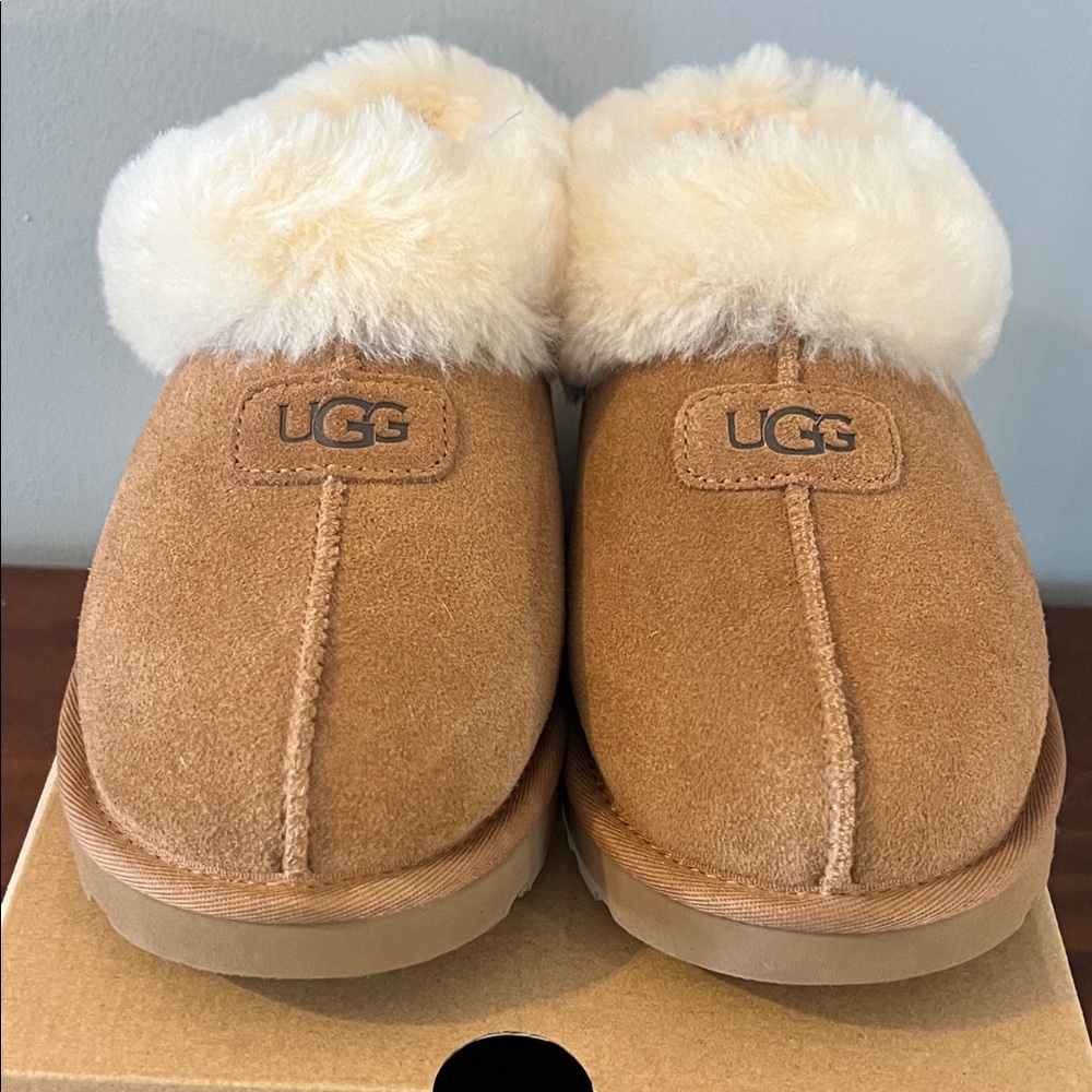 UGG Chestnut Suede Slippers with White Fur